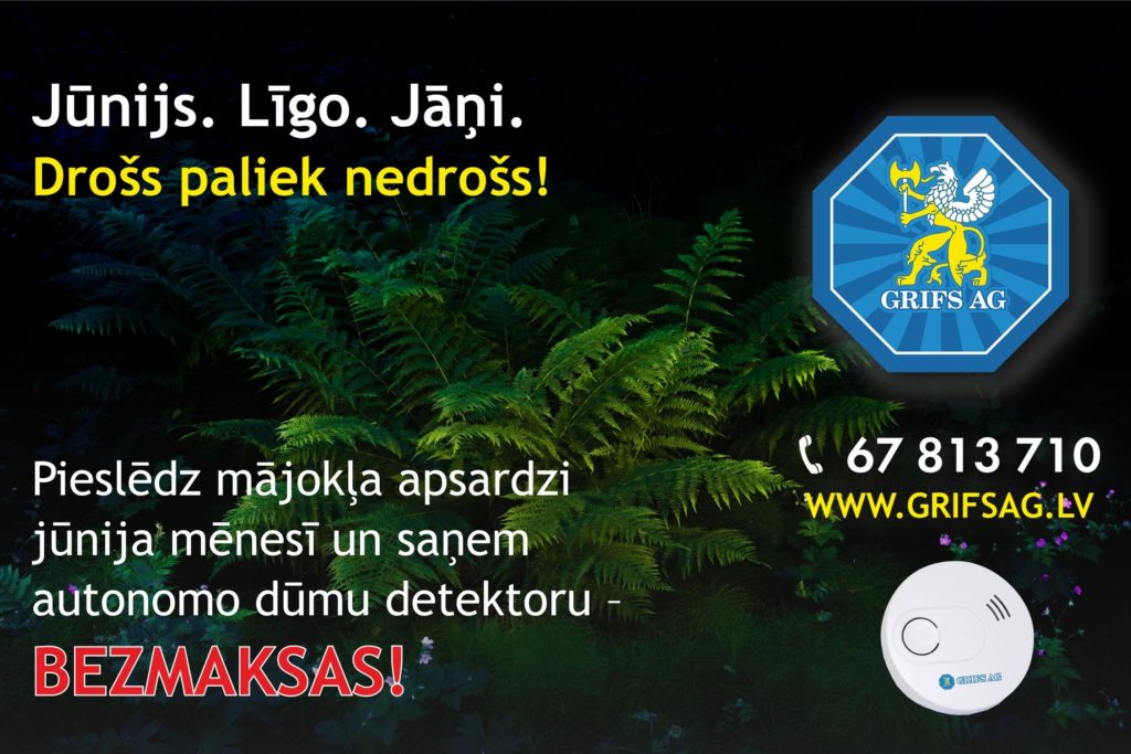 Zaļas papardes uz melna fona ar uzņēmuma akcijas “Drošs paliek nedrošs” tekstu - Pieslēdz mājokļa apsardzi jūnija mēnesī un saņem autonomo dūmu detektoru – BEZMAKSAS!