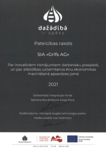 Kustības “DAŽĀDĪBĀ IR SPĒKS” 2021.gada pateicības raksts “Par inovatīviem risinājumiem darbinieku piesaistē un par atbildības uzņemšanos ēnu ekonomikas mazināšanā apsardzes jomā”